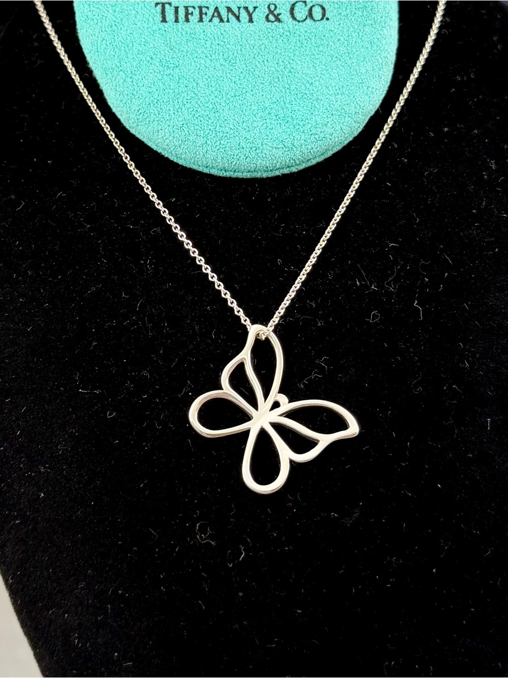 TIFFANY & CO. Vintage Sterling Silver Openwork Butterfly Pendant Necklace w/ COA